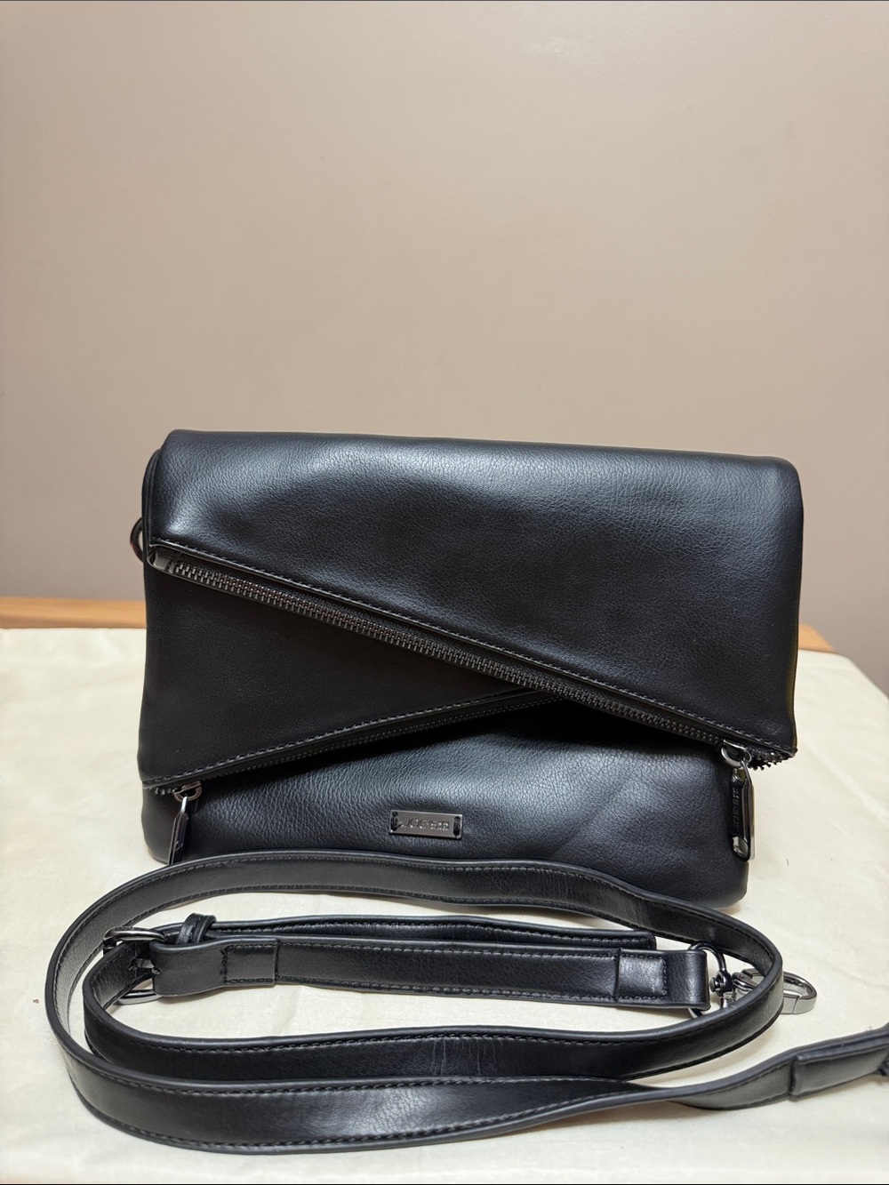 Joe's Jeans Black Fold-Over Crossbody with Diagonal Zip Detail